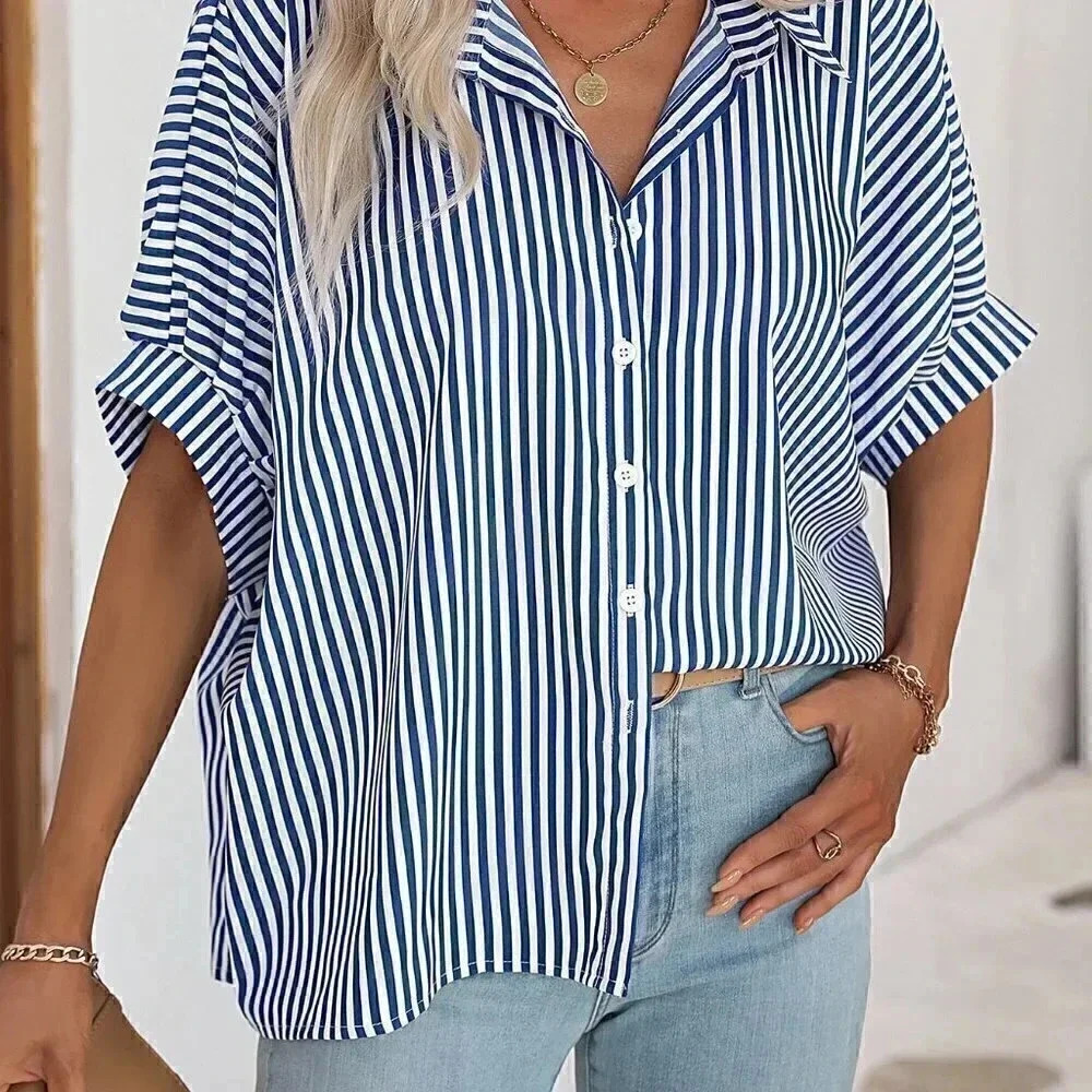 Blue & White Casual Womens Striped Print Batwing Sleeve Shirt - Picture 3 of 5